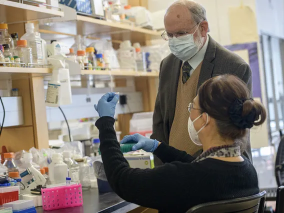 professor and lab tech examine a test-tube