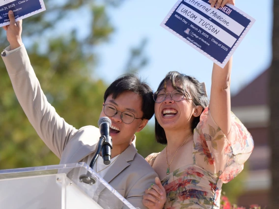 [Justin Le and Laura Tran celebrate their MATCH Day selections as incoming internal medicine resident physicians at the U of A College of Medicine – Tucson.]