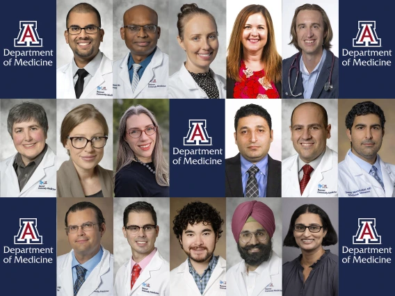 [Collage of images of 16 Department of Medicine faculty earning promotions in 2025, interspersed with DOM block A logos]