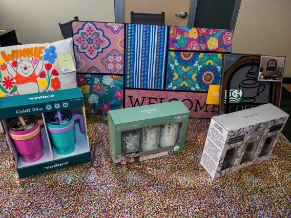 [Prizes for a raffle held during the 2025 DOM Administrative Professionals Day breakfast April 23.]