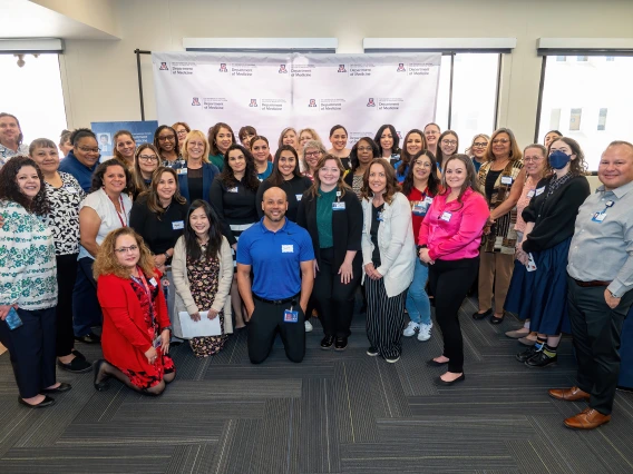 [No time like the present for a group photo as U of A Department of Medicine’s administrative staff gather for a 2025 Administrative Professional Day awards breakfast April 23 in the DOM Conference Room 6416 and 6401 Suite Lounge.]