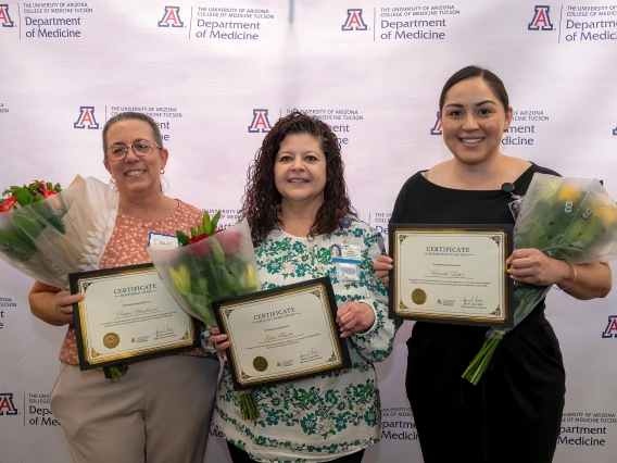 [Three of four winners at the U of A Department of Medicine’s 2025 Administrative Professional Day awards breakfast Cardiology’s Dawn Henderson, and Nephrology’s Gina Favela and Bersabe Lopez, also an administrative lead for the Vice Chair of Education Office. Hematology & Oncology’s James Deljanovan, the fourth winner, couldn’t attend.]