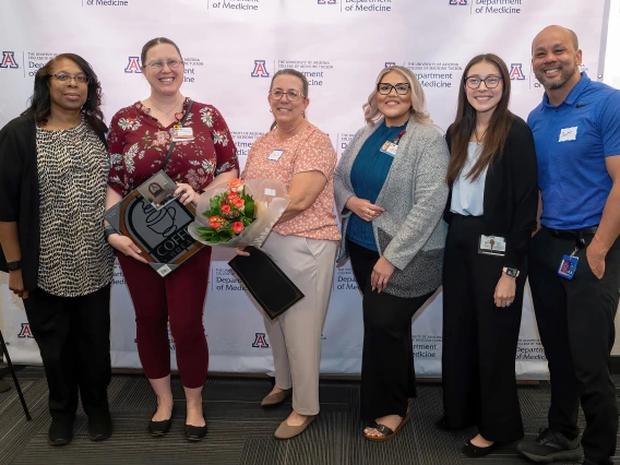 [The Division of Cardiology’s Tonya Carney, Christeana Castro, award winner Dawn Henderson, Leilani Garcia, Veronica Meredith and clinical associate director Scott Hall.]