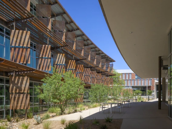 [Host for the WellDOM Chess Club meetup on July 7, the Iris Cantor Building sits behind the main building of the Andrew Weil Center for Integrative Medicine at the intersection of Mabel Street and Vine Avenue just west of the UAHS Health Sciences Innovation Building.]