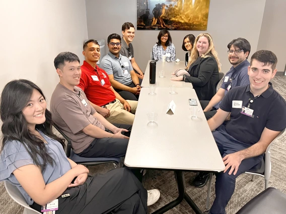 [At an Internal Medicine Research Mixer in the COM-T Social Hall on June 30, new interns get to know each other a little better (from left): Faith Kim, MD, Tim Yu, MD, Andres Sanchez, MD, Gowtham Anche, DO, Luca Bertozzi, MD, Shreeya Agrawal, MD, Nina Maitra, MD, Grace Miller, DO, Ricardo Reyes, DO, and Chris Sallurday, DO.]