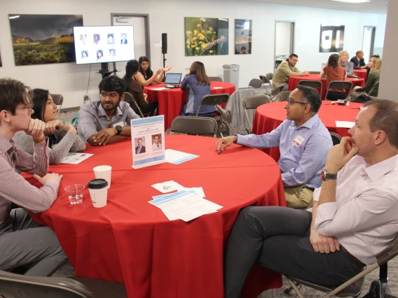 [Mathew Hutchinson, MD (at right), and Tejo Vemulapalli, MD, talk about clinical operations and quality & safety, the vice chair positions they hold in the DOM, with new faculty members Kevin J. Moynahan, MD, Berna Villanueva, MD, and Sooraj Kumar, MD.]