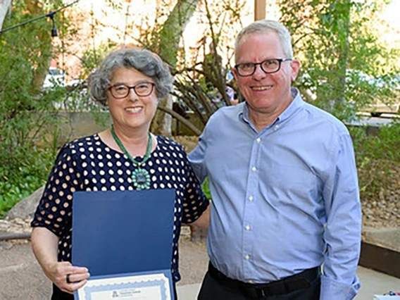 [Esther Sternberg, MD, (pictured here with David Brubaker, an adjunct lecturer in the School of Architecture) is recognized for her cross-campus impact in medicine, architecture, and the science of place-based health.]