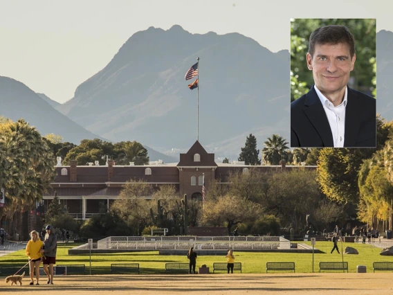 [An image of the University of Arizona's Old Main Building with the Tucson Mountains in the background an inset image of Stefano Guerra, MD, PhD, MPH, an asthma specialist at the College of Medicine – Tucson]