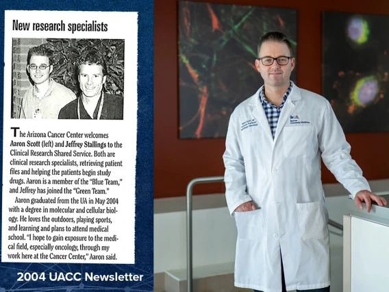 [A physician in a white coat standing at top of stairwell with abstract paintings behind him, and (inset) a newsletter clipping picturing a younger version of him from 2004 as a "New research specialist"]
