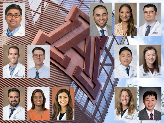 [Collage image of 13 new faculty members in the U of A Department of Medicine in Summer 2025 overlayed on a copper block-A at the Lowell-Stevens Football Arena]