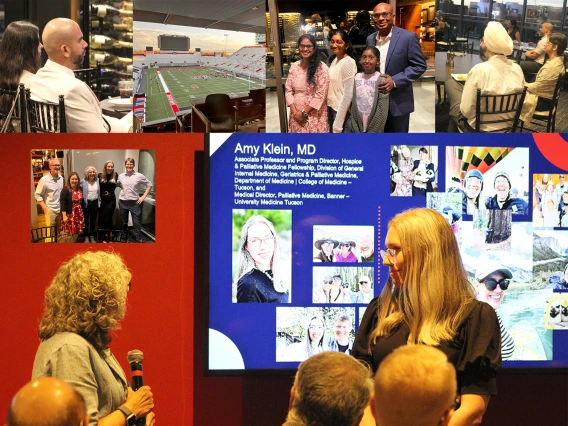 [A collage of images from the 2025 Department of Medicine faculty promotion event hosted Sept. 24 at the Arizona Sands Club on the Arizona Wildcats football stadium’s fifth floor.]