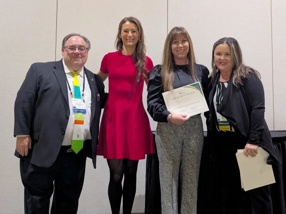 [Educator of the Year award winner Amy Sussman, MD, FACP, FASN,  (2nd from right), the DOM vice chair for education, clerkship director and Nephrology Fellowship director, with (from left) ACP Arizona Chapter governor Allan Markus, MD, MS, MBA, FACP, 2025 ACP-AZ Scientific Meeting chair Krystal Renszel, DO, FACP; and Joy Bulger-Beck, MD, ACP-AZ Awards Committee chair and an associate professor in the DOM’s Division of General Internal Medicine, Geriatrics & Palliative Medicine.]
