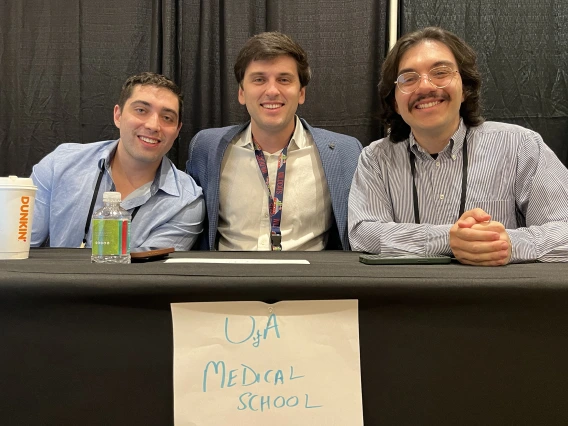 [U of A College of Medicine – Tucson medical students Curtis Josephs, Jacob Ref and David Mintz (MS4s) after the first round of the Doctor’s Dilemma competition.]