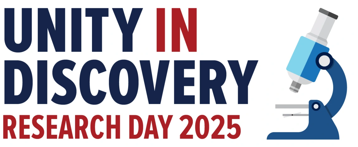 Logo for Research Day 2025 at the College of Medicine – Tucson, featuring the phrase 'Unity in Discovery' with a microscope illustration.