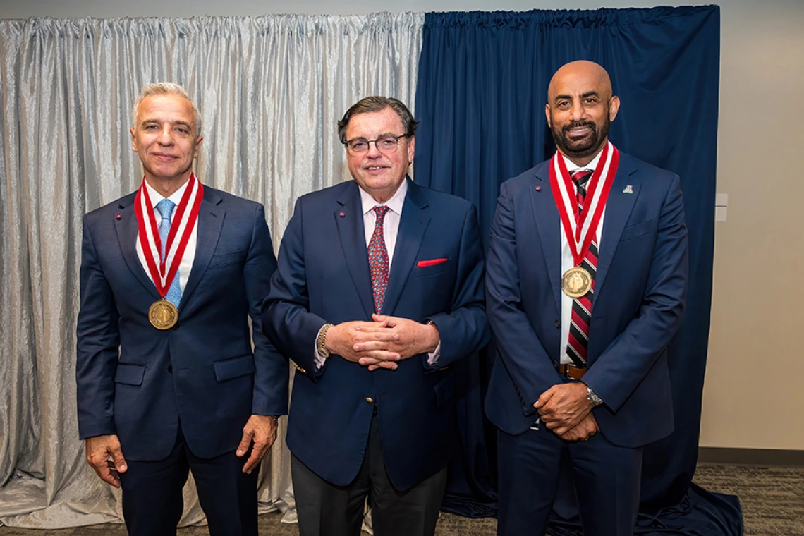 Hesham Sadek, MD, PhD, Cardiology division chief and Sarver Heart Center director; College of Medicine – Tucson Dean Michael Abecassis, MD, MBA; and Sakthivel Sadayappan, PhD, chair, Department of Cellular &amp; Molecular Medicine, and associate director, Sarver Heart Center.