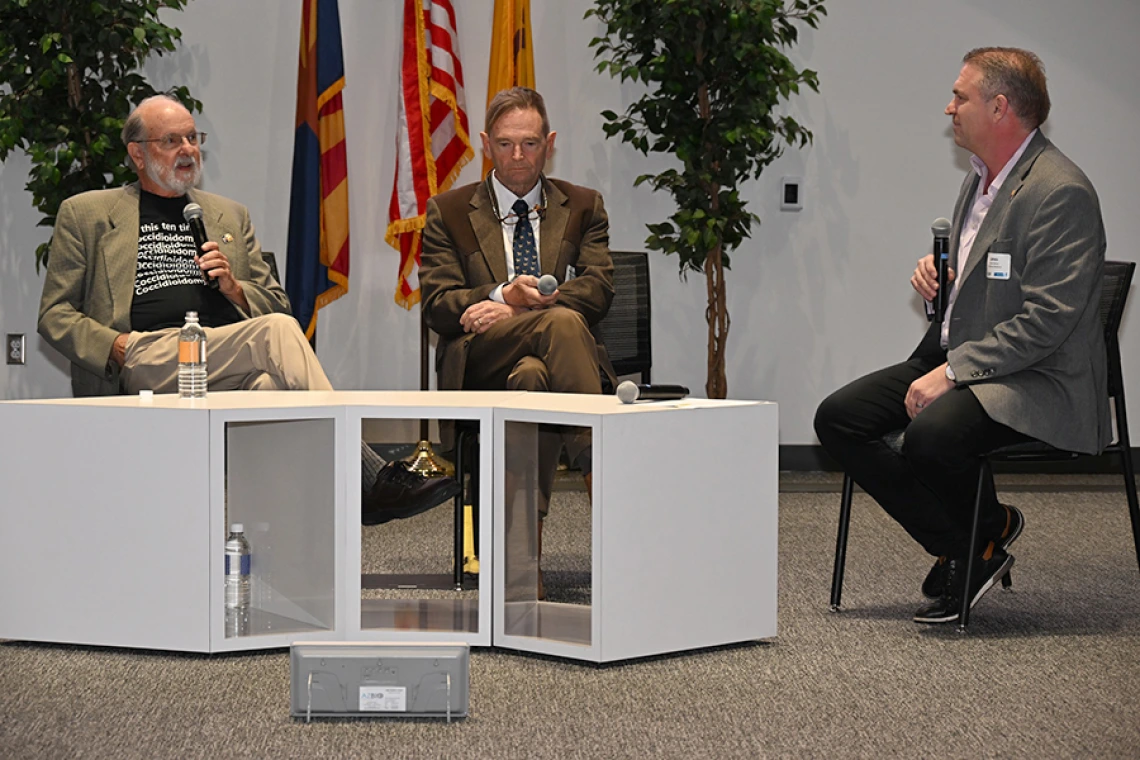 Dr. John Galgiani gestures while discussing development of a vaccine to prevent Valley fever infections in dogs and a potential human vaccine at a panel discussion at the AZBio Week festivities in Phoenix.