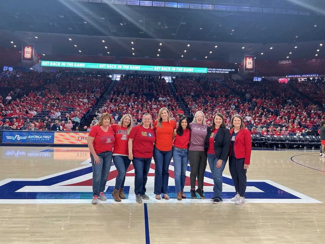 Pictured, left to right, at center court are: SharonPowell, AGNP-C; Diseree Anguiz, FNP; Claudia Guerrero, FNP; Allison Klatt, FNP-BC; Iniya Rajendran, MBBS, MPH; Judith Lyle, FNP; Sarah Voll, ACNP; and Elizabeth Juneman, MD – cardiovascular professionals all.