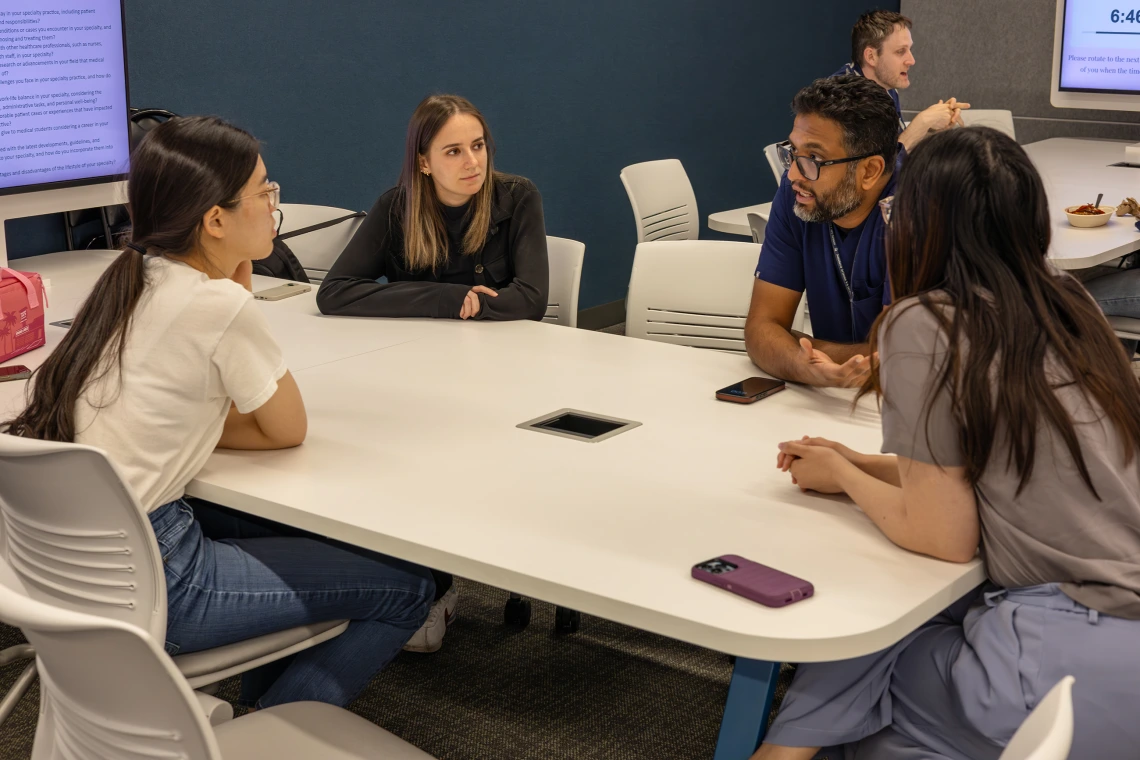 [Shiv Bomman, MBBS, chief fellow in the Division of Gastroenterology & Hepatology’s fellowship program, talks to students about getting his medical degree in Bangalore, India, and doing his residency training at the University of Nevada School of Medicine in Reno, before coming to the U of A.]