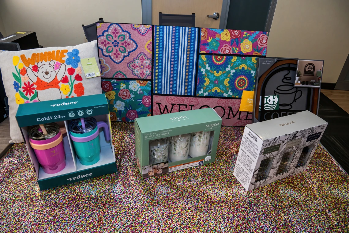[Prizes for a raffle held during the 2025 DOM Administrative Professionals Day breakfast April 23.]