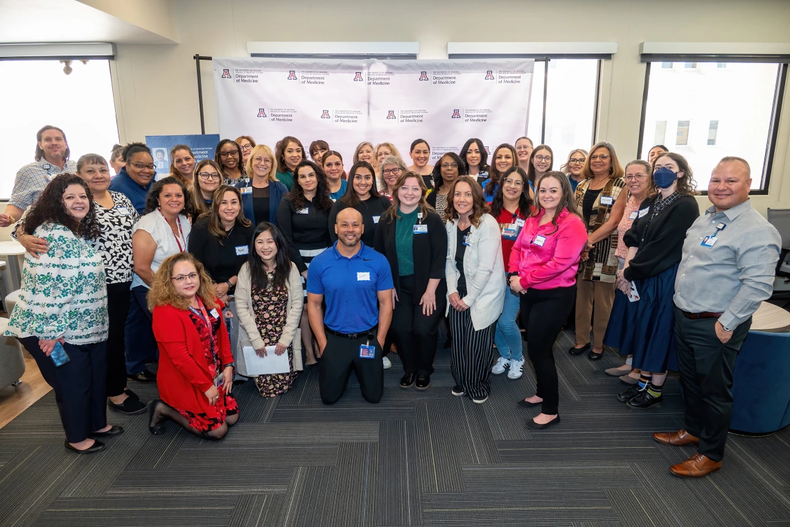 [No time like the present for a group photo as U of A Department of Medicine’s administrative staff gather for a 2025 Administrative Professional Day awards breakfast April 23 in the DOM Conference Room 6416 and 6401 Suite Lounge.]