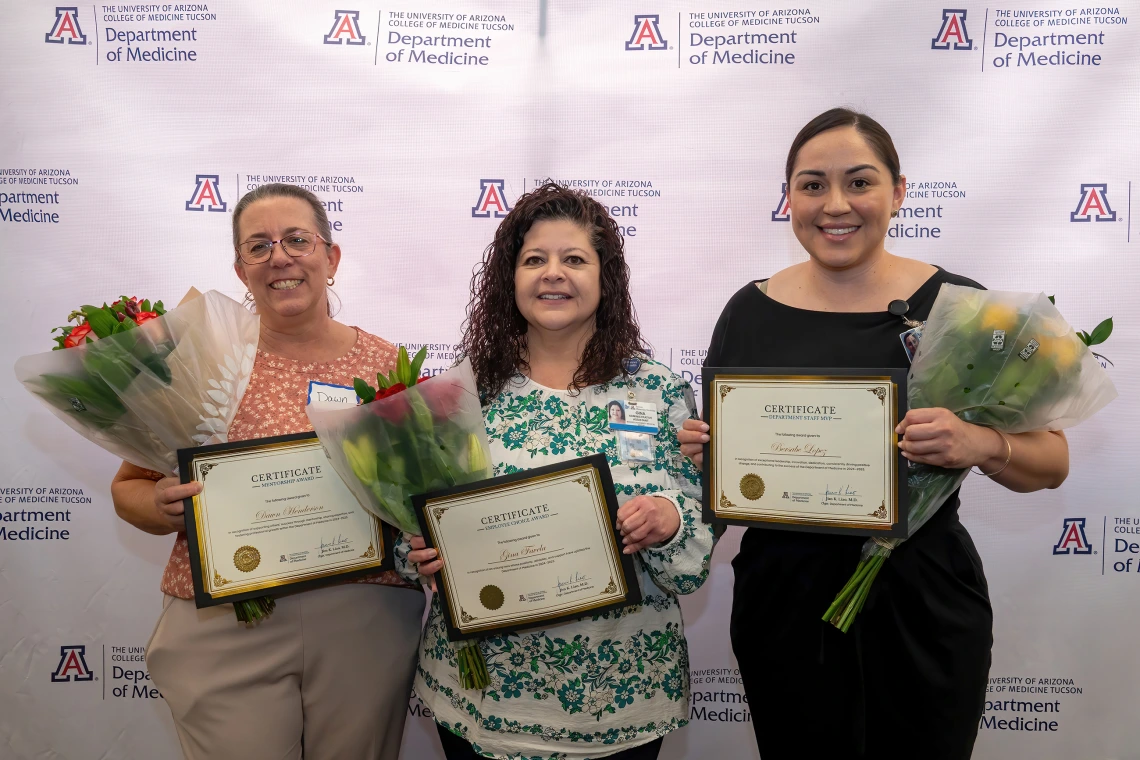 [Three of four winners at the U of A Department of Medicine’s 2025 Administrative Professional Day awards breakfast Cardiology’s Dawn Henderson, and Nephrology’s Gina Favela and Bersabe Lopez, also an administrative lead for the Vice Chair of Education Office. Hematology & Oncology’s James Deljanovan, the fourth winner, couldn’t attend.]