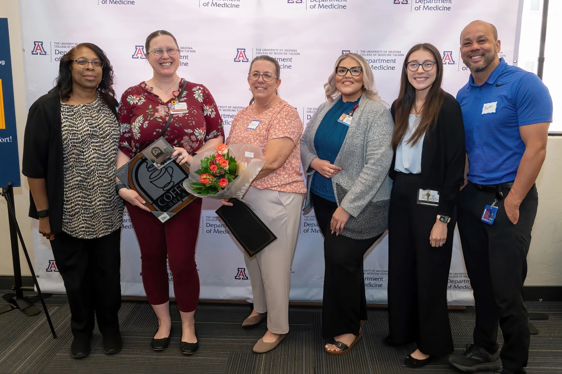 [The Division of Cardiology’s Tonya Carney, Christeana Castro, award winner Dawn Henderson, Leilani Garcia, Veronica Meredith and clinical associate director Scott Hall.]