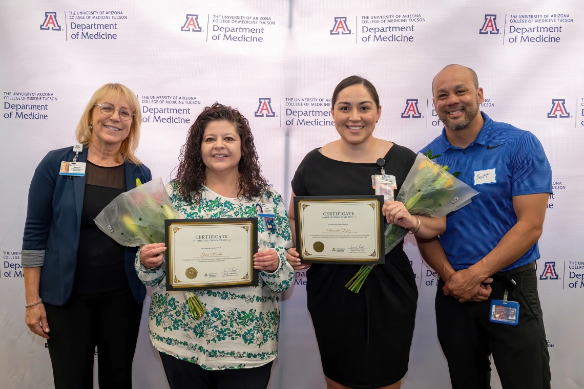 [The Division of Nephrology’s Sandy Seifert, award winner Gina Favela, award winner Bersabe Lopez, and clinical associate director Scott Hall.]