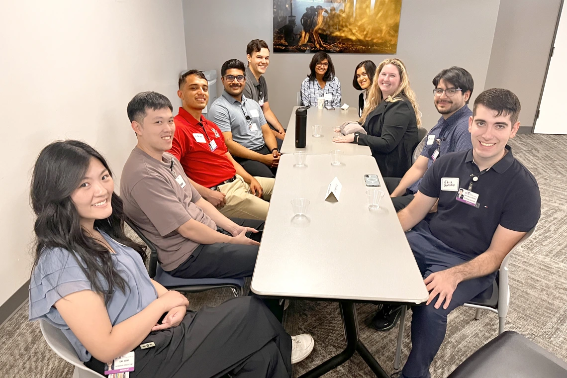[At an Internal Medicine Research Mixer in the COM-T Social Hall on June 30, new interns get to know each other a little better (from left): Faith Kim, MD, Tim Yu, MD, Andres Sanchez, MD, Gowtham Anche, DO, Luca Bertozzi, MD, Shreeya Agrawal, MD, Nina Maitra, MD, Grace Miller, DO, Ricardo Reyes, DO, and Chris Sallurday, DO.]