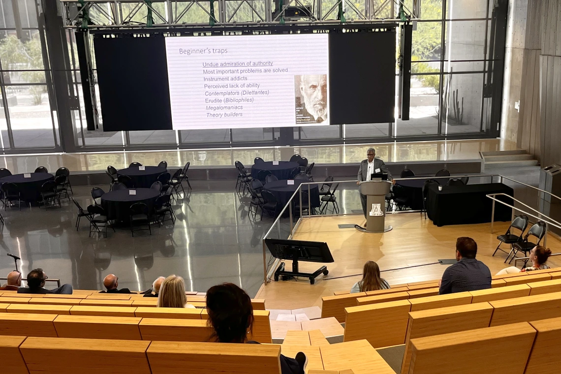 [Referencing how early-career investigators can leverage available resources, Sairam Parthasarathy, MD, Pulmonary division chief and Center for Sleep, Circadian & Neuroscience Research director, explores how senior faculty can foster meaningful scholarship among junior faculty. In this slide, he talks about “Beginner’s traps,” such as undue admiration of authority, instrument addicts, etc.]