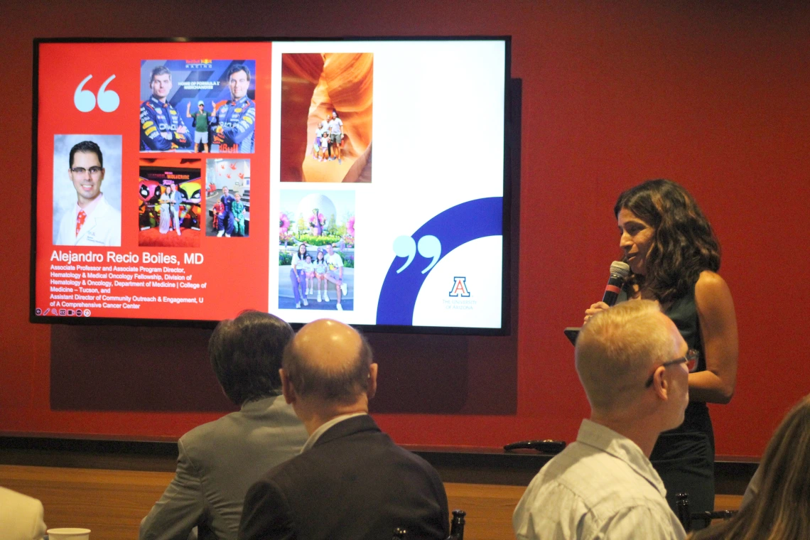 [In honor of Alejandro Recio Boiles, MD, his division chief Rachna Shroff, MD, MS, kicks off the accolades portion of the evening by talking about the value he brings to the Division of Hematology & Oncology and U of A Cancer Center.]