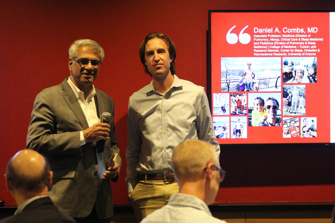 [Pulmonary division chief Sairam Parthasarathy, MD, sings the praises of Daniel Combs, MD, who won a $10 million PCORI grant this year to further his studies on sleep apnea in people with Down syndrome.]