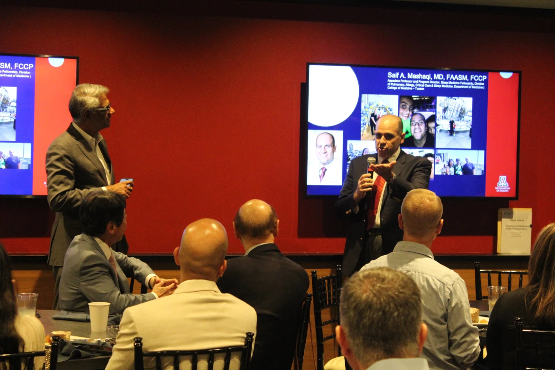 [Sleep Medicine Program director Saif Mashaqi, MD, turns the tables on Pulmonary division chief Sairam Parthasarathy, MD, complimenting him on his role as facilitator for the success of his faculty members.]