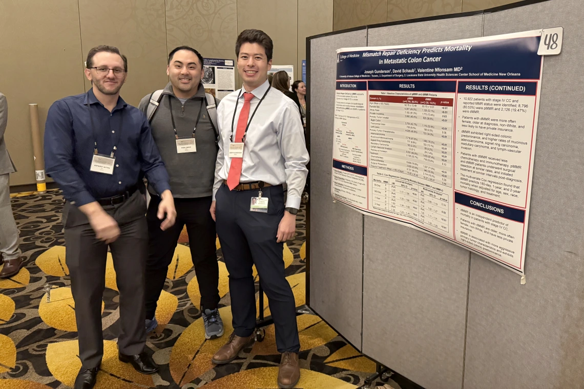 [Anthony Witten, DO, Division of Inpatient Medicine assistant professor and IM Residency associate program director; Ryan Wong, MD, Division of Nephrology assistant professor and IM Sub-Internship director; and Joseph Gunderson (MS4). Gunderson took 2nd prize in his poster category.]