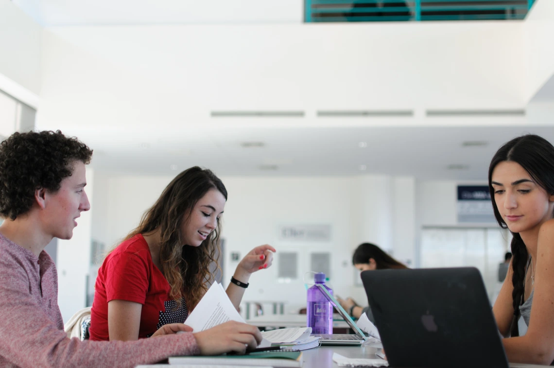 students working in a library on their computers