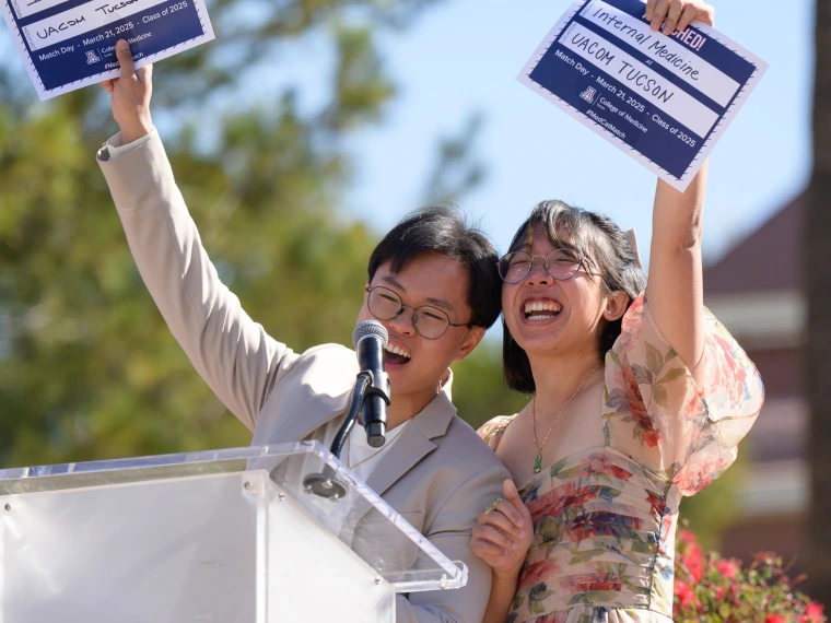 [Justin Le and Laura Tran celebrate their MATCH Day selections as incoming internal medicine resident physicians at the U of A College of Medicine – Tucson.]