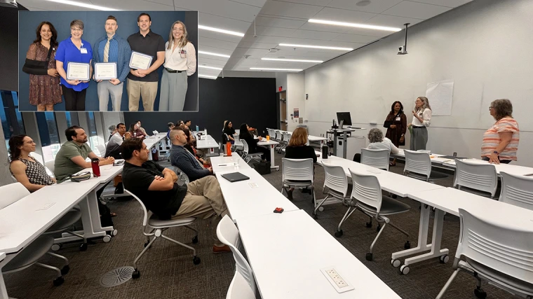[Faculty and staff in the Division of General Internal Medicine, Geriatrics & Palliative Medicine gather for their first ever awards ceremony in HSIB Room 880 with an image inset of the awardees and their presenters.]