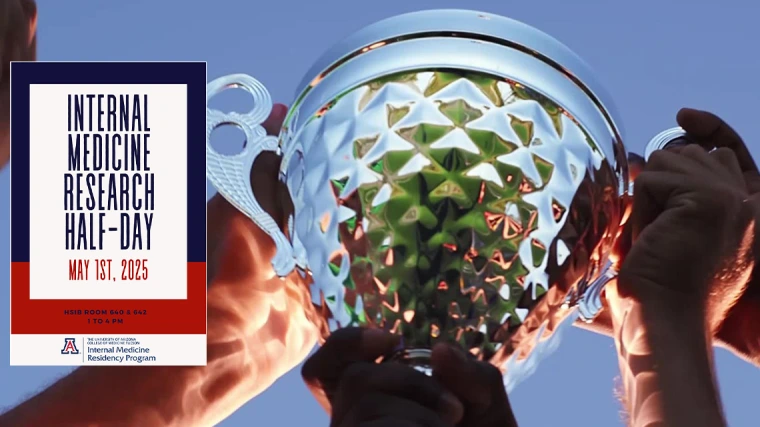 [Image of hands holding up a trophy with a flyer from the 2025 Internal Medicine Research Academic Half-Day competition inset over it.]