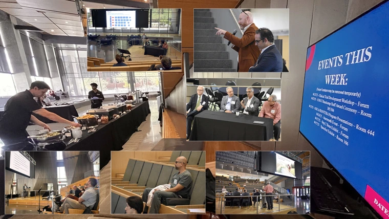 [A collage of images from the 2025 Clinical Trial Development Workshop, hosted June 25 in the HSIB Forum by U of A College of Medicine – Tucson associate dean of clinical research Franz Rischard, DO, and his event co-leader Jarrod Mosier, MD, vice chair of research for the Department of Emergency Medicine.]