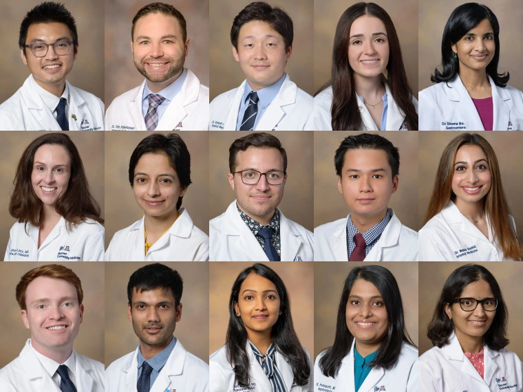 [Collage of 2023-25 winners of Bressler-Alpert Travel Society awards to assist Department of Medicine trainees in presenting their original research at academic conferences, symposiums and meetings: (L-R, from top row): Drs. Mateo “Matthew” Mendoza, Tom Finkelstein, Samuel Cheong, Tom Marco, Shoma Bommena; (second row): Drs. Marian Lacy, Maryam Naveed, Aaron Bertolo, Hoang Nhat Pham, Mahek Shahid; (third row): Drs. Brendan Andres, Armaan Dhaliwal, Jyotirmayee Lenka, Shilpa Pedapati, and Srilekha Sridhara.]