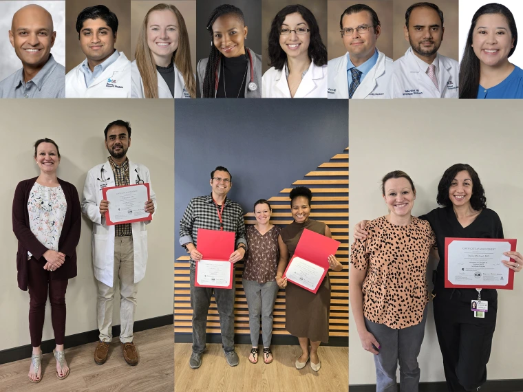 [A collage of images of 2024-25 cohort graduates of the Academy of Clinicians as Teachers (ACT) Certificate Program, including at top (from left): Ashkay Armaraneni, MD; Madhav Chopra, MD; Kendal Flegenheimer, MD; Monica Hinestroza Jordan, MD; Dalia Mikhael, MD; Alex Perry, MD, MPH; Talha Riaz, MD; and Christina Vega Zarraga, MD — and with four of the graduates holding their certificates, Breanna Sherrow-Serrano, PhD, ACT Program facilitator and  director of the Faculty Development and Teaching Excellence ]