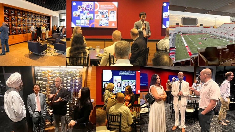 [A collage of images from the 2025 Department of Medicine faculty promotion event hosted Sept. 24 at the Arizona Sands Club on the Arizona Wildcats football stadium’s fifth floor.]
