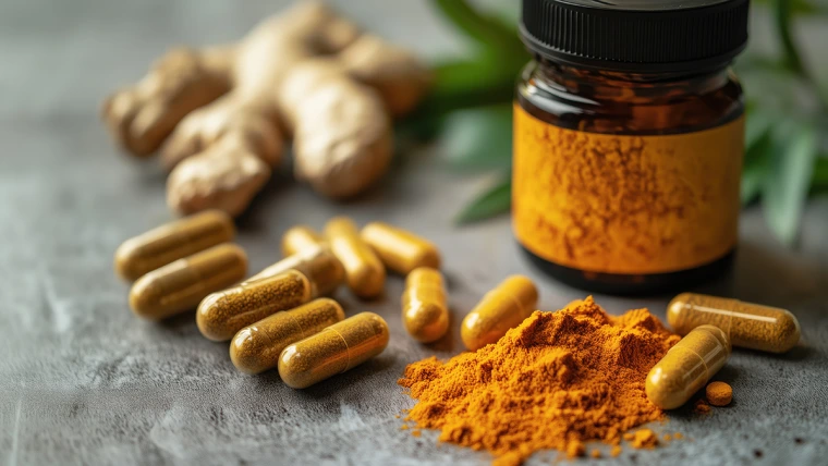 [Turmeric, pictured in root, powder and tablet form here, has many healthy benefits as a dietary supplement – but check with your physician as it can create problems for the liver if in conflict with other medications.]