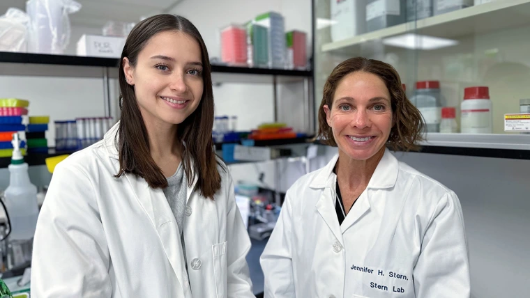 [Jennifer Stern, PhD (right), a Division of Endocrinology assistant professor, with Kassandra Bruner, a research technologist in her University of Arizona College of Medicine – Tucson lab and first author on a paper they co-wrote with other members of Stern’s research team that appeared last week in the journal GeroScience. ]
