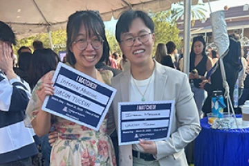 [Justin Le and Laura Tran celebrate their MATCH Day selections as incoming internal medicine resident physicians at the U of A College of Medicine – Tucson.]