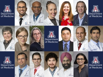 [Collage of images of 16 Department of Medicine faculty earning promotions in 2025, interspersed with DOM block A logos]