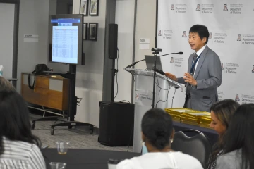 [Chair James K. Liao, MD, presenting on the State of the Department at the DOM General Faculty Meeting, June 4, 2025, in the COM-T Social Hall]