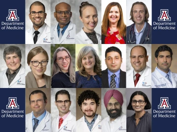 [Collage of images of 17 faculty members in the Department of Medicine that earned promotions in the 2024-25 academic year, inluding Tushar Acharya, MD, MPH; Venki Ariyamuthu, MD; Danielle Avila, MD; Joy Bulger Beck, MD, MS; Daniel Combs, MD; Julia Jernberg, MD, MBA; Ricklie Julian, MD; Amy Klein, MD; Julie Ledford, PhD; Iyad Mansour, MBChB; Saif Mashaqi, MD; Saman Nematollahi, MD, MEHP; Alex Perry, MD, MPH; Alejandro Recio Boiles, MD; Brentin Roller, DO, MPH; Amitoj Singh, MD; & Swathy Puthalapattu, MBBS]