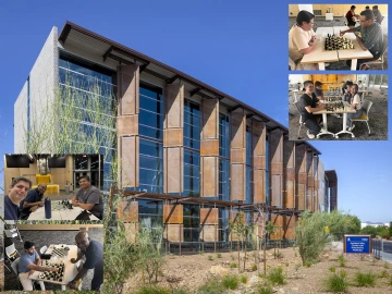[A photo of the Andrew Weil Center for Integrative Medicine complex at 1502 E. Mabel St. in Tucson, with photos inset from the WellDOM Chess Club meeting hosted there July 7.]