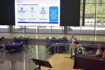 [Corey Casper, MD, new Banner Research director, gives an overview on research within Banner Health, and its research portfolio, illustrated here as prioritizing Alzheimer’s and Parkinson’s disease, cancer, cardiovascular disease, neuroscience, orthopedics and health outcomes studies.]