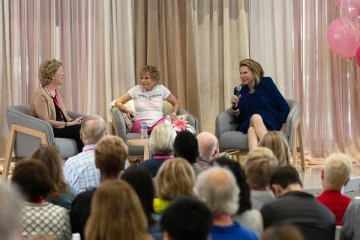 [U of A Cancer Center member Janet Funk, MD, moderates a fireside chat with Ginny Clements and keynote speaker and ambassador Nancy Brinker at the 2nd Annual Ginny L. Clements Breast Cancer Research Institute symposium in May 2024. Dr. Funk’s research showed bone health benefits for postmenopausal women and those with breast cancer.]